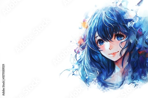 Anime girl with blue hair and blue eyes smiling, watercolor style illustration