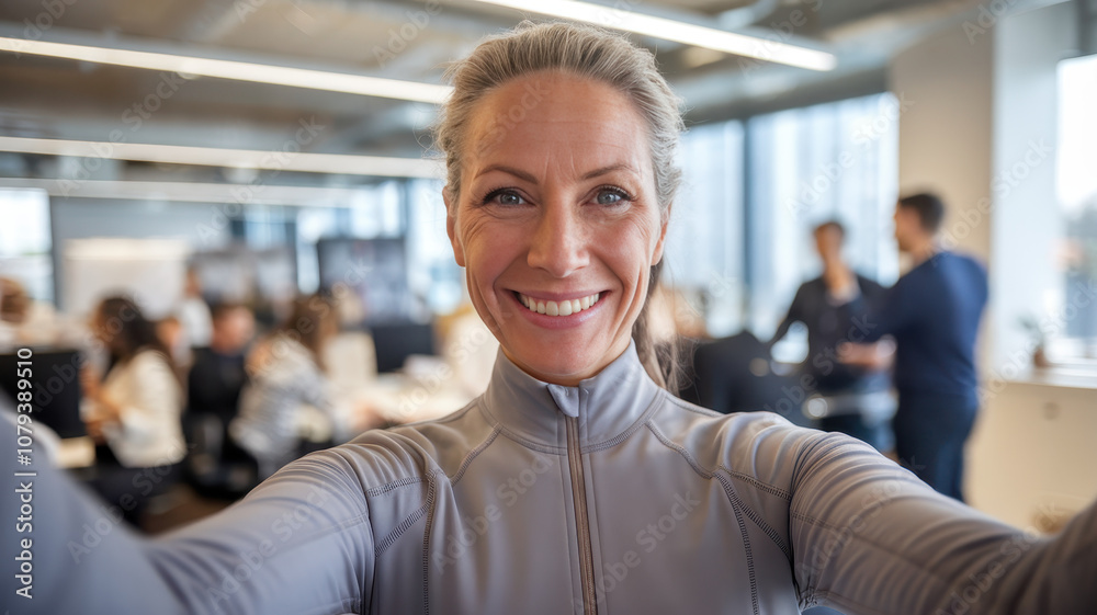 Smiling middle-aged Caucasian woman in a gray athletic top taking a selfie in a lively office environment. Smiling middle-aged Caucasian woman in a gray athletic top taking a selfie in a lively office environment.