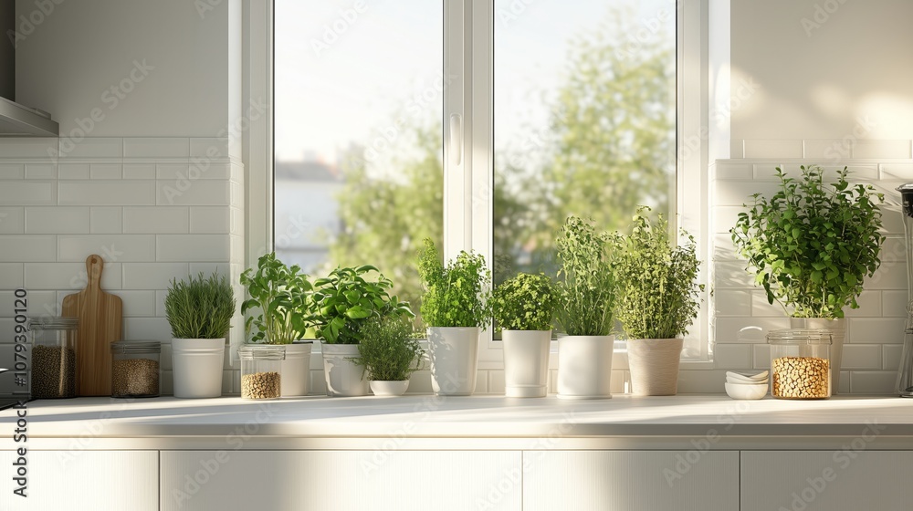 white kitchen counter with potted herbs and plants on the windowsill white kitchen counter with potted herbs and plants on the windowsill