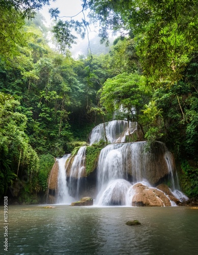 Lush Green Forests and Tranquil Waterfalls Amidst Nature’s Beauty in Springtime, Captured with No People in Sight for a Peaceful Wilderness Scene