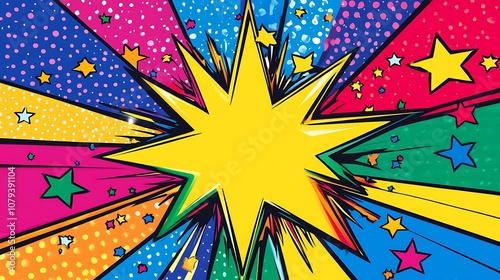 Colorful Comic Book Explosion with Yellow Starburst and Stars