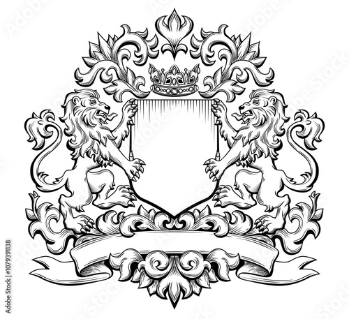 Template of Medieval Coat of Arms with Lions, Crown und Crest. Black and White Outline Hand Drawn Retro Illustration. Vintage Engraving. Element for Classic Heraldic Design, Mascot, Tattoo