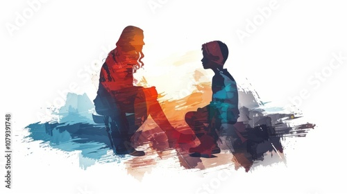 Psychologist trying to understand child, support him and help cope with problems. A child and adult silhouette sitting on chairs on a white background. Mental health kids concept.