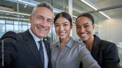 A diverse group of three professionals, a middle-aged Caucasian man and two women of Asian and Black descent, smile together in a modern office setting.