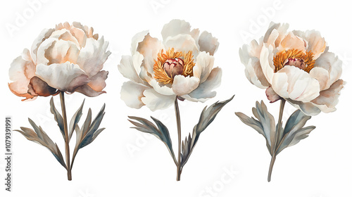 Fototapeta Naklejka Na Ścianę i Meble -  Set of peonies flowers on an isolated white background, watercolor peony illustration, botanical painting. generative ai. Botanical. Illustration