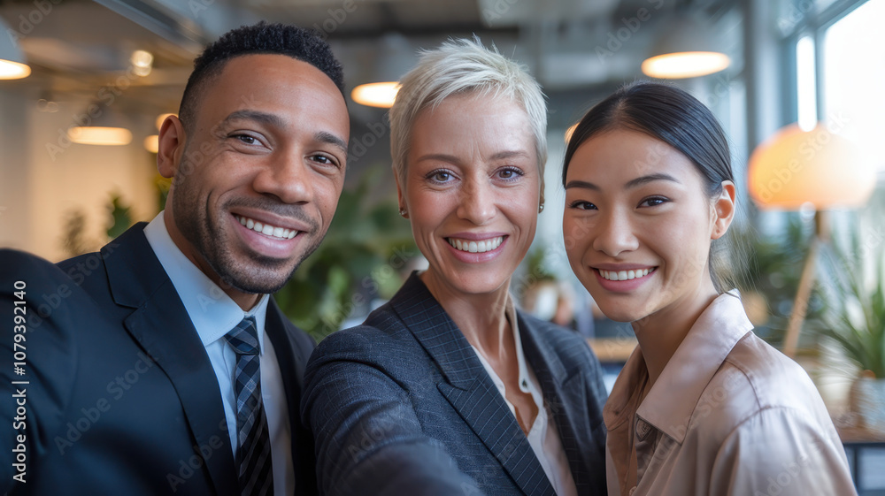 Three professionals, a Black man, a Caucasian woman, and an Asian woman, smiling together in a modern office setting. Three professionals, a Black man, a Caucasian woman, and an Asian woman, smiling together in a modern office setting.