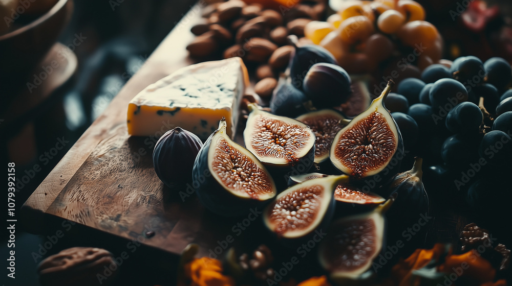 rustic charcuterie spread with cheeses, figs, nuts on a wooden board in a moody setting rustic charcuterie spread with cheeses, figs, nuts on a wooden board in a moody setting