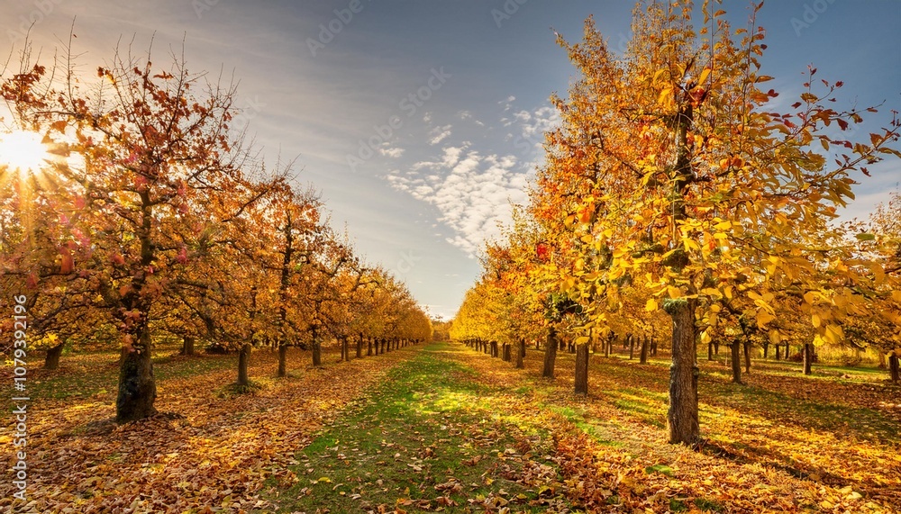Fototapeta premium Sunlit Orchard With Rows of Fruit-Bearing Trees, Golden Apples Hanging From Branches, and Fallen Leaves Creating a Colorful Blanket Across the Orchard Floor in Autumn