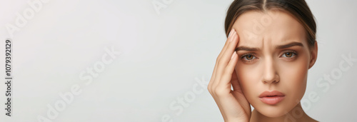 Dissatisfied stressed depressed young woman touch forehead worried about skin wrinkle isolated on studio background, cosmetology botox injection anti aging cream concept