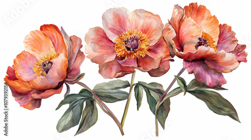 Fototapeta Naklejka Na Ścianę i Meble -  Set of peonies flowers on an isolated white background, watercolor peony illustration, botanical painting. generative ai. Botanical. Illustration