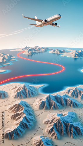 Wallpaper Mural Modern Commercial Airplane Flying Over Mountain Landscape with Digital Navigation Route Tracking System Visualization in Futuristic Style Torontodigital.ca