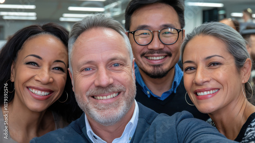 A cheerful group selfie featuring four diverse adults—two women and two men—smiling warmly in a modern office setting.