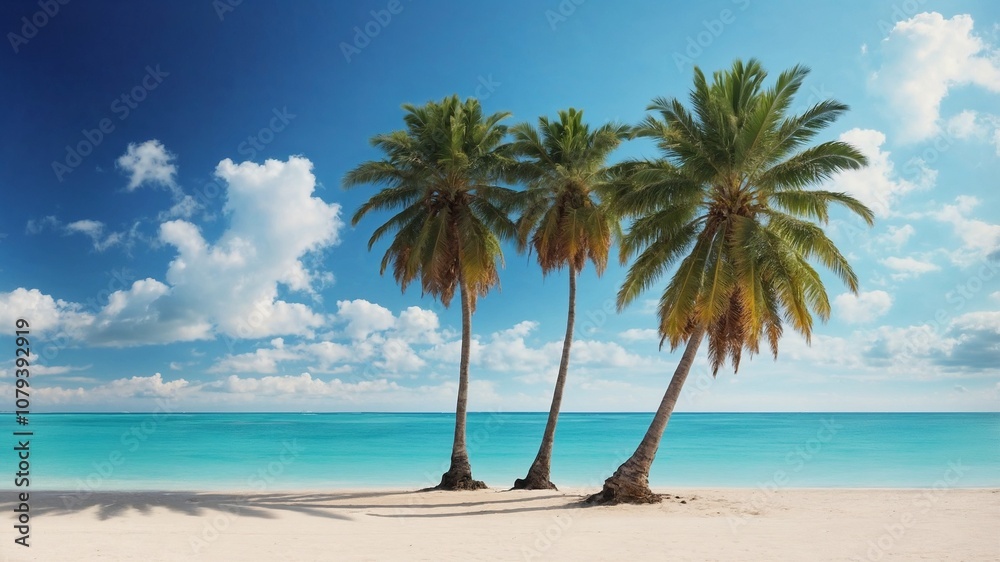 Perfect palm trees on beautiful beach at summer, vacation in tropical paradise concept
Perfect palm trees on beautiful beach at summer, vacation in tropical paradise concept