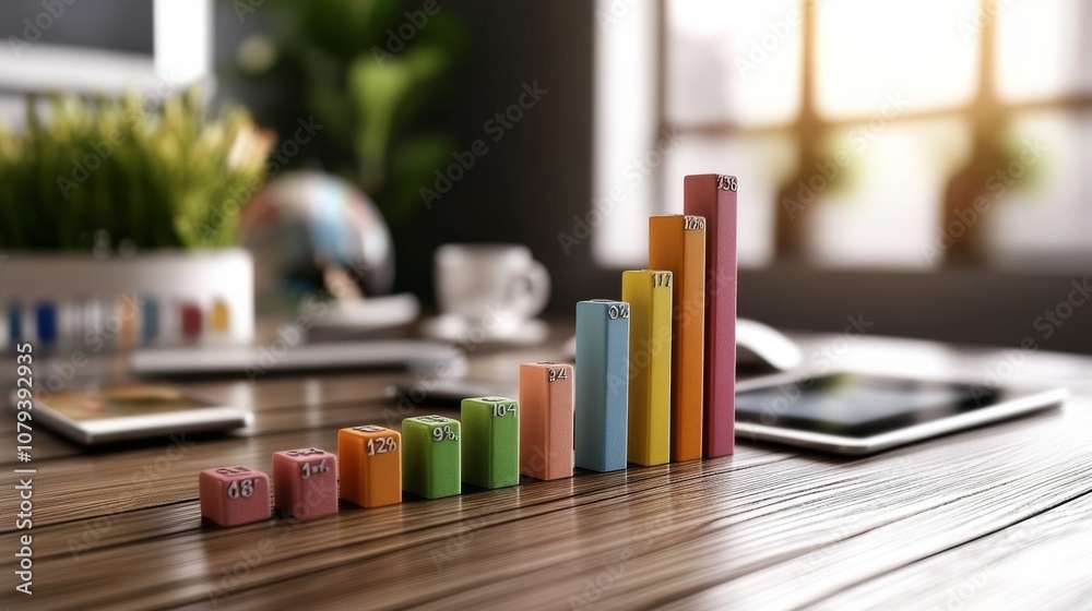 Colorful bars rise in a graph on a wooden desk, representing growth and analysis in a sunlit office with blurred background. Colorful bars rise in a graph on a wooden desk, representing growth and analysis in a sunlit office with blurred background.