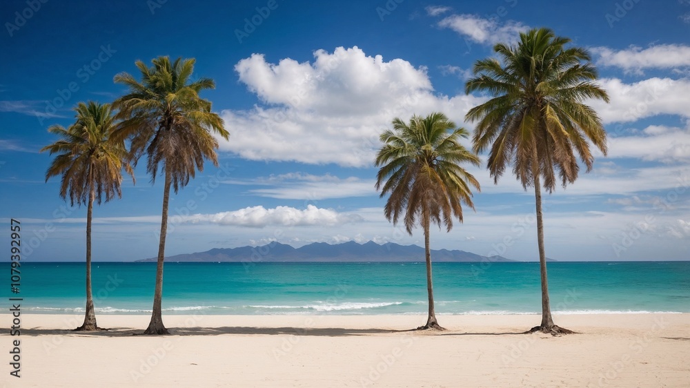 Perfect palm trees on beautiful beach at summer, vacation in tropical paradise concept
