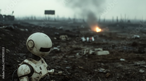 White robot sits in a desolate wasteland with burning fire, evoking themes of loneliness and endurance in a post-apocalyptic world. photo