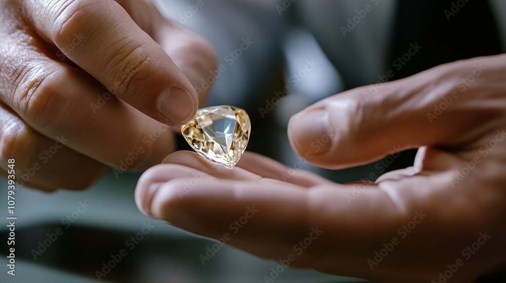 Hands delicately hold a luminous, expertly cut diamond, set against a soft-focus background to highlight its brilliance and craftsmanship.