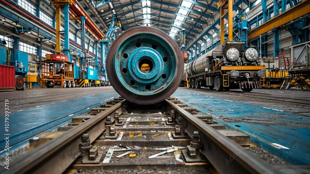A large and colorful wheel is positioned on railway tracks within a bustling workshop A large and colorful wheel is positioned on railway tracks within a bustling workshop