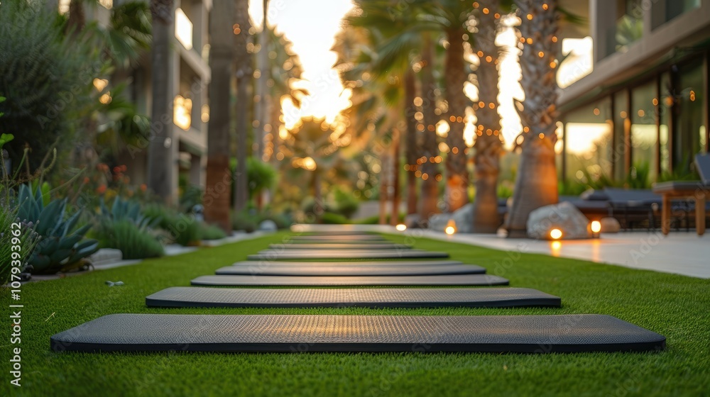Obraz premium Yoga mats laid out on a lush green lawn with palm trees and a building in the background, bathed in warm sunset light.