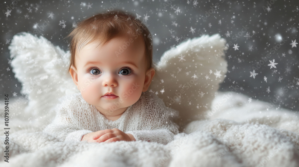 Angelic baby portrait with white wings in serene studio setting Angelic baby portrait with white wings in serene studio setting