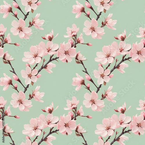 Cherry blossoms pattern on a mint green background in a realistic style with copy space