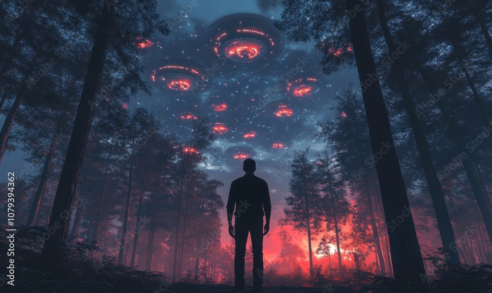Generative AI image of back view of anonymous male standing on forest ground with trees against flying UFO with lights cloudy sky mounts at night Generative AI image of back view of anonymous male standing on forest ground with trees against flying UFO with lights cloudy sky mounts at night