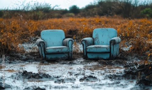 Generative AI illustration of two armchairs in the middle of an empty field full of mud and bushes after a flood in blurred background