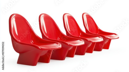 Front and angle views of stadium seats, red plastic chairs. An outdoor venue for spectators, isolated design elements, white background.
