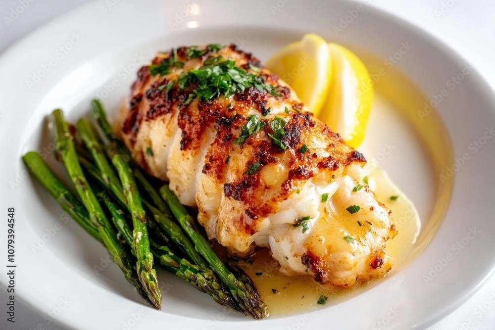 Elegant Lobster Tail with Garlic Butter, Served with Steamed Asparagus and Lemon Wedges Elegant Lobster Tail with Garlic Butter, Served with Steamed Asparagus and Lemon Wedges