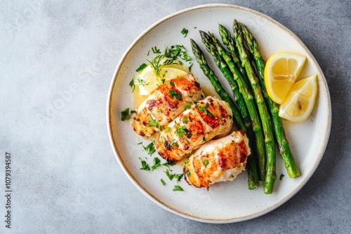 Elegant Lobster Tail with Garlic Butter, Served with Steamed Asparagus and Lemon Wedges