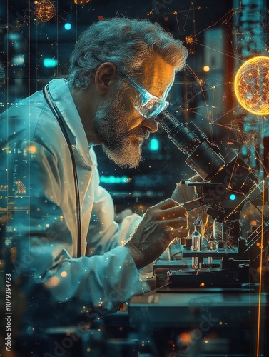 Generative AI depiction of focused scientist using microscope