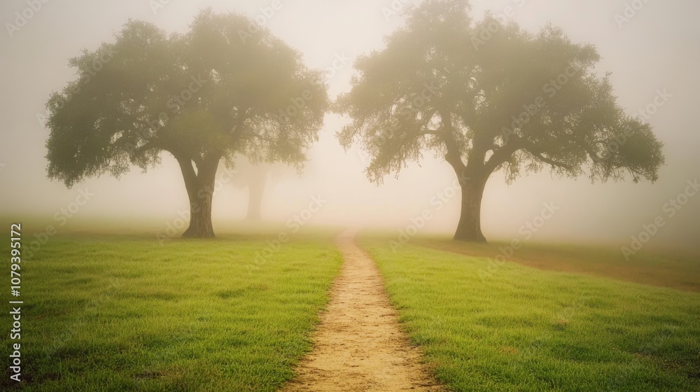 A serene path leads to twin trees shrouded in mist, evoking mystery and tranquility in a lush landscape. A serene path leads to twin trees shrouded in mist, evoking mystery and tranquility in a lush landscape.