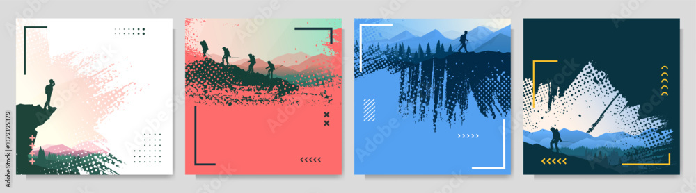 Vector illustration. Travel concept of hiking, discovering, exploring and observing nature. Adventure tourism background with brush stroke smear overlay, halftone dots and memphis pattern elements