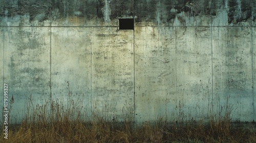 A weathered concrete wall with a small, square window illustrates urban decay and the passage of time, surrounded by dry grass.