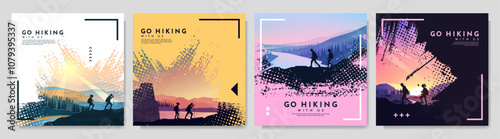 Vector illustration. Travel concept of discovering, exploring and observing nature. Hiking. Adventure tourism background with brush stroke smear overlay, halftone dots and memphis pattern elements