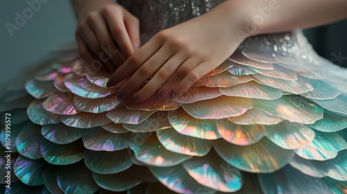 Delicate hands adjust a mesmerizing iridescent dress, with layers shimmering like scales, capturing the essence of fantasy and enchantment. photo