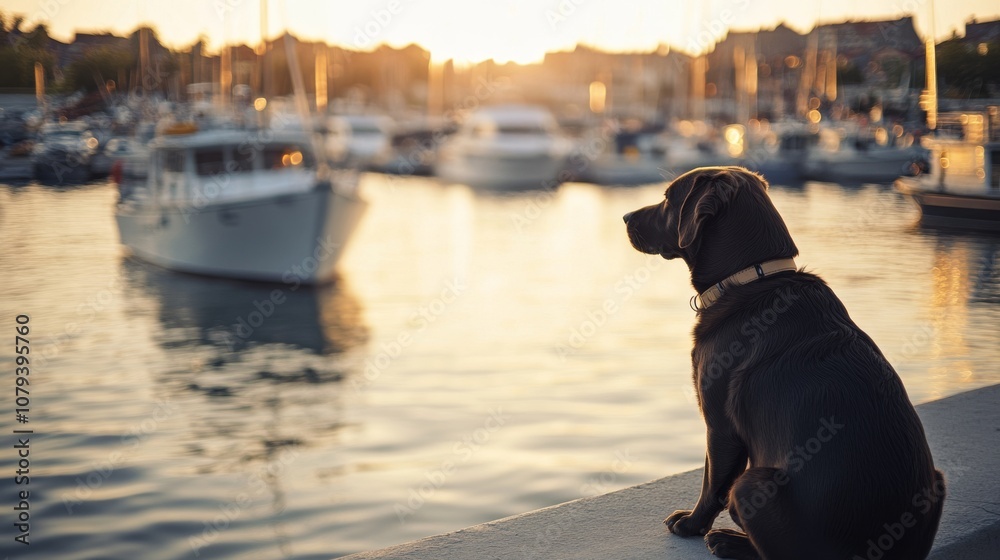 A chocolate Labrador retriever sits calmly by the marina, watching boats with a curious gaze as the sun sets, casting a warm glow over the peaceful scene.