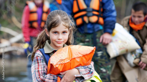 A young girl wearing a life jacket stands confidently at a river\'s edge, holding an orange flotation device close to her chest