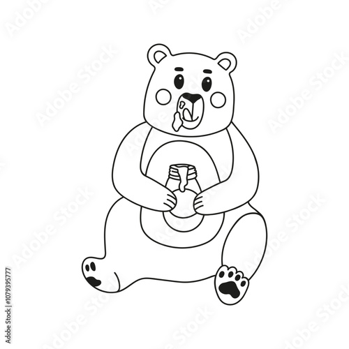 Hand drawn funny bear character with honey jar. Nature animal doodle illustration