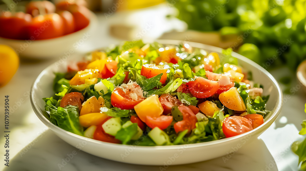 Garden salad with fresh tomatoes and cucumbers. Healthy eating, vegan dish, colorful vegetables, refreshing meal Garden salad with fresh tomatoes and cucumbers. Healthy eating, vegan dish, colorful vegetables, refreshing meal