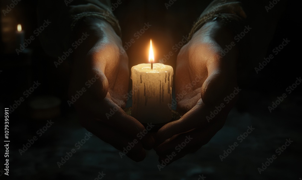 Generative AI depiction of hands holding a lit candle in dim light Generative AI depiction of hands holding a lit candle in dim light