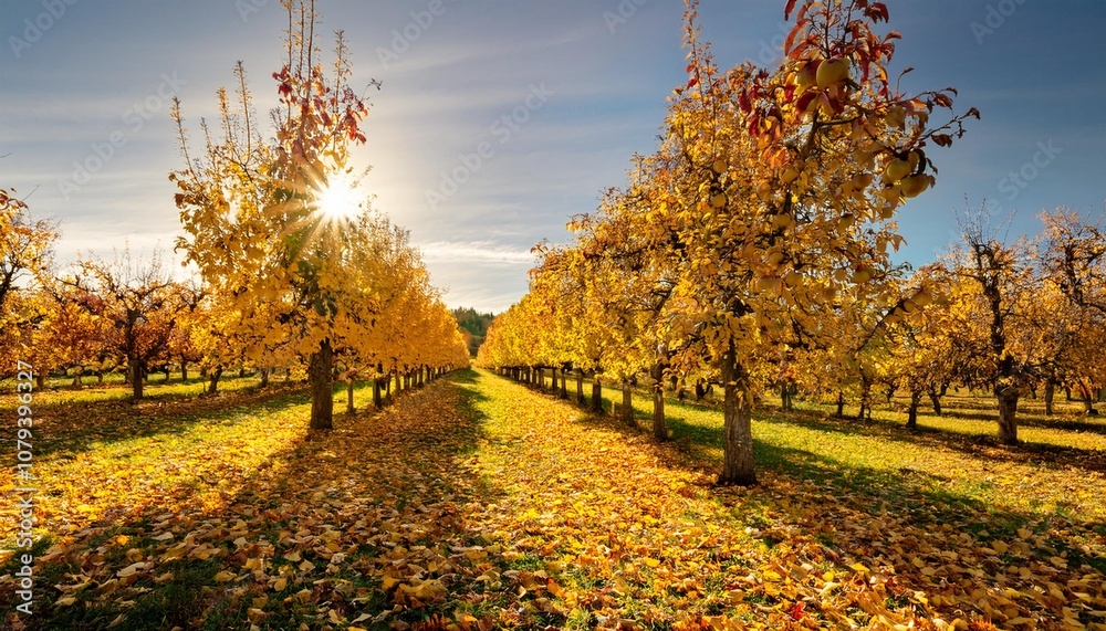 Naklejka premium Sunlit Orchard With Rows of Fruit-Bearing Trees, Golden Apples Hanging From Branches, and Fallen Leaves Creating a Colorful Blanket Across the Orchard Floor in Autumn