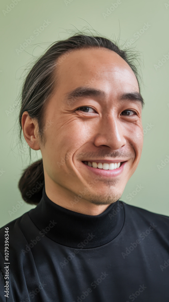 Smiling East Asian man in a black turtleneck, showcasing a friendly demeanor against a soft green background. Smiling East Asian man in a black turtleneck, showcasing a friendly demeanor against a soft green background.