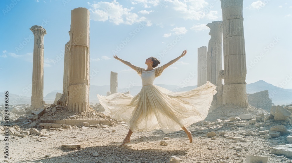 Obraz premium A graceful dancer strikes a pose amidst ancient, sunlit ruins, symbolizing timeless beauty and the blending of past with present.