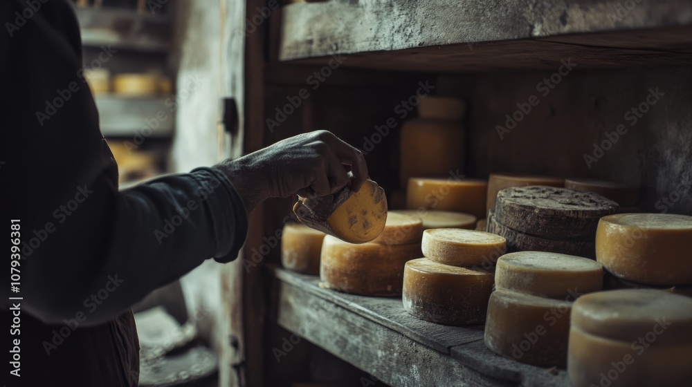 A dimly lit cellar reveals a hand carefully selecting a wheel of cheese, surrounded by numerous rounds aging on rustic shelves. A dimly lit cellar reveals a hand carefully selecting a wheel of cheese, surrounded by numerous rounds aging on rustic shelves.