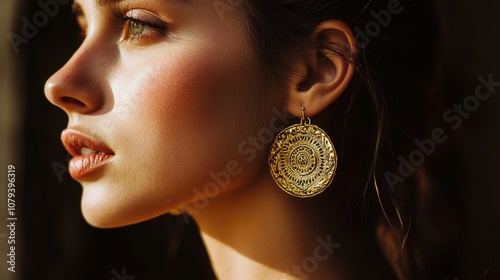 Gold earrings photography woman portrait.