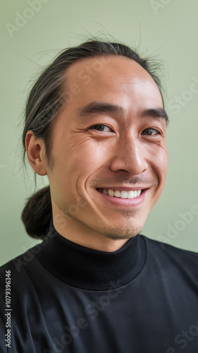 Smiling East Asian man in a black turtleneck, showcasing a friendly demeanor against a soft green background. photo