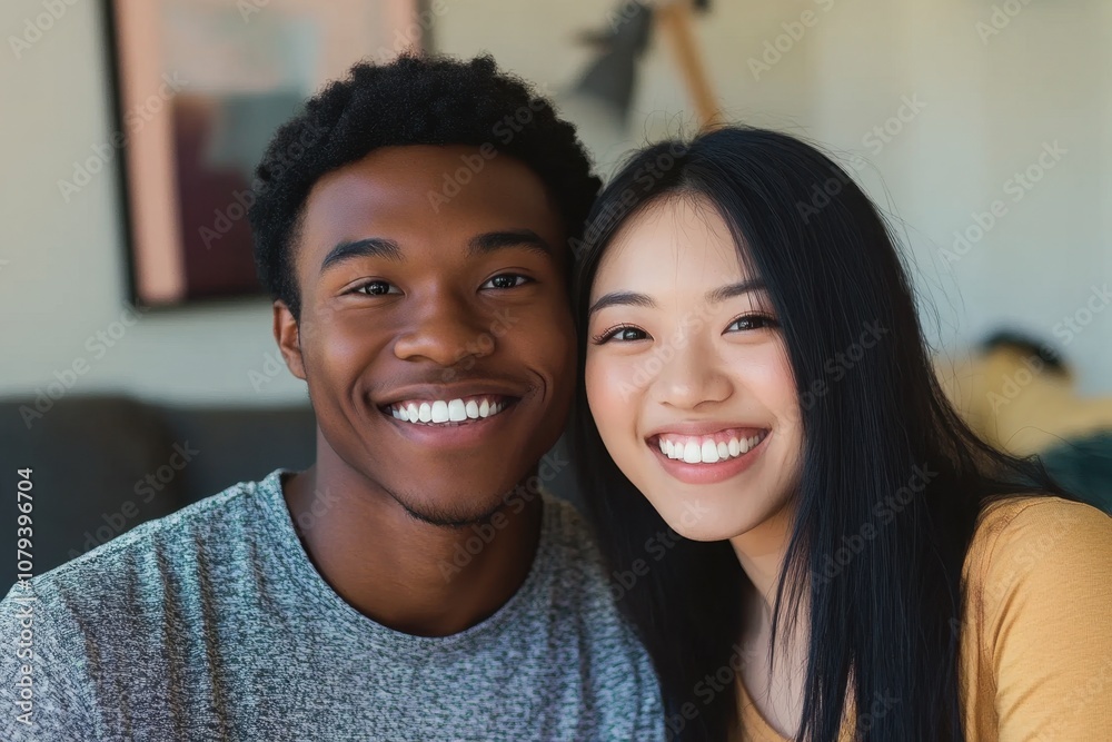 Photo of cheerful cute funny multinational couple enjoying time together flat apartment indoors
Photo of cheerful cute funny multinational couple enjoying time together flat apartment indoors