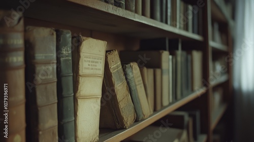 A dusty row of old books sits solemnly on wooden shelves, capturing the essence of history and the passage of time in a dimly lit library. photo