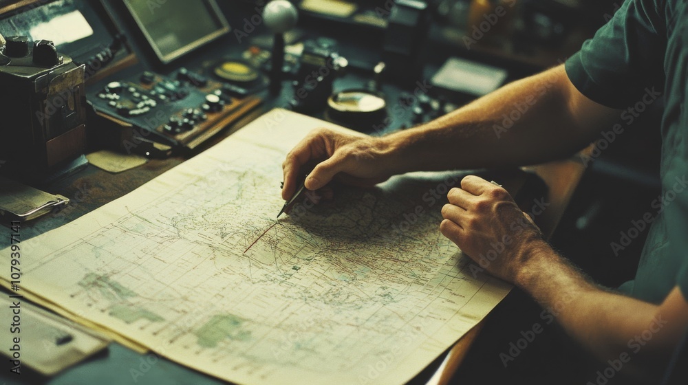 Obraz premium A navigator focused on a detailed map, planning a journey that speaks of adventure, exploration, and discovery.
